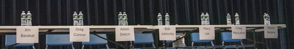 Full bottles of water and name tags before the debate